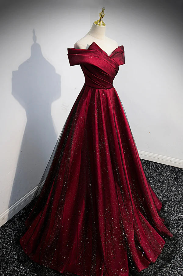 Wholesale Burgundy Satin Off the Shoulder Prom Dress A-Line Evening Graduation Dress